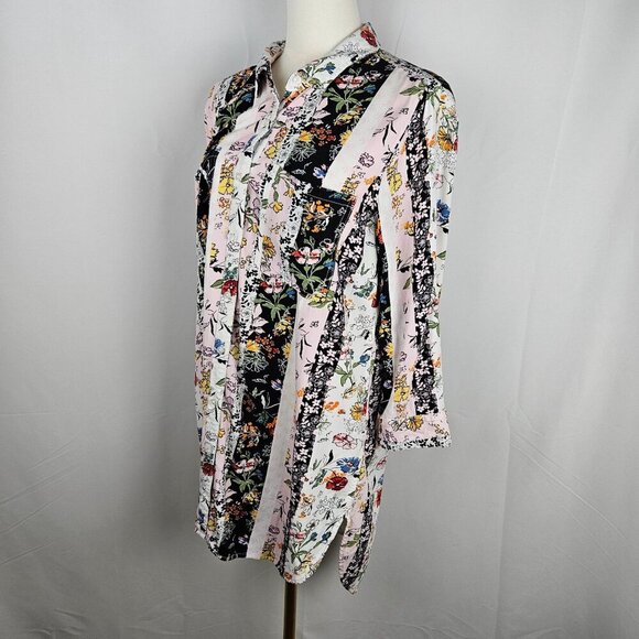 KC Khakis & Co Button-Up Tunic Dress Medium Floral Stripe Cottagecore - Picture 2 of 11